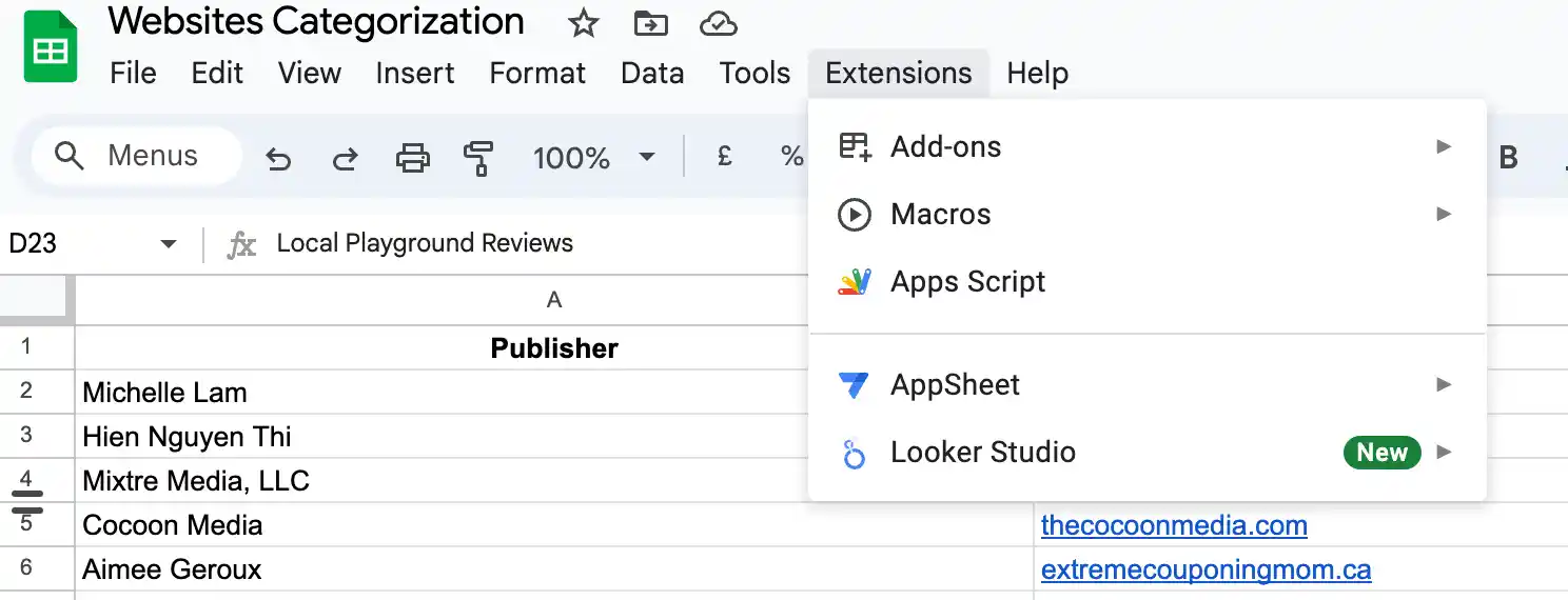 Google sheet app script step screenshot